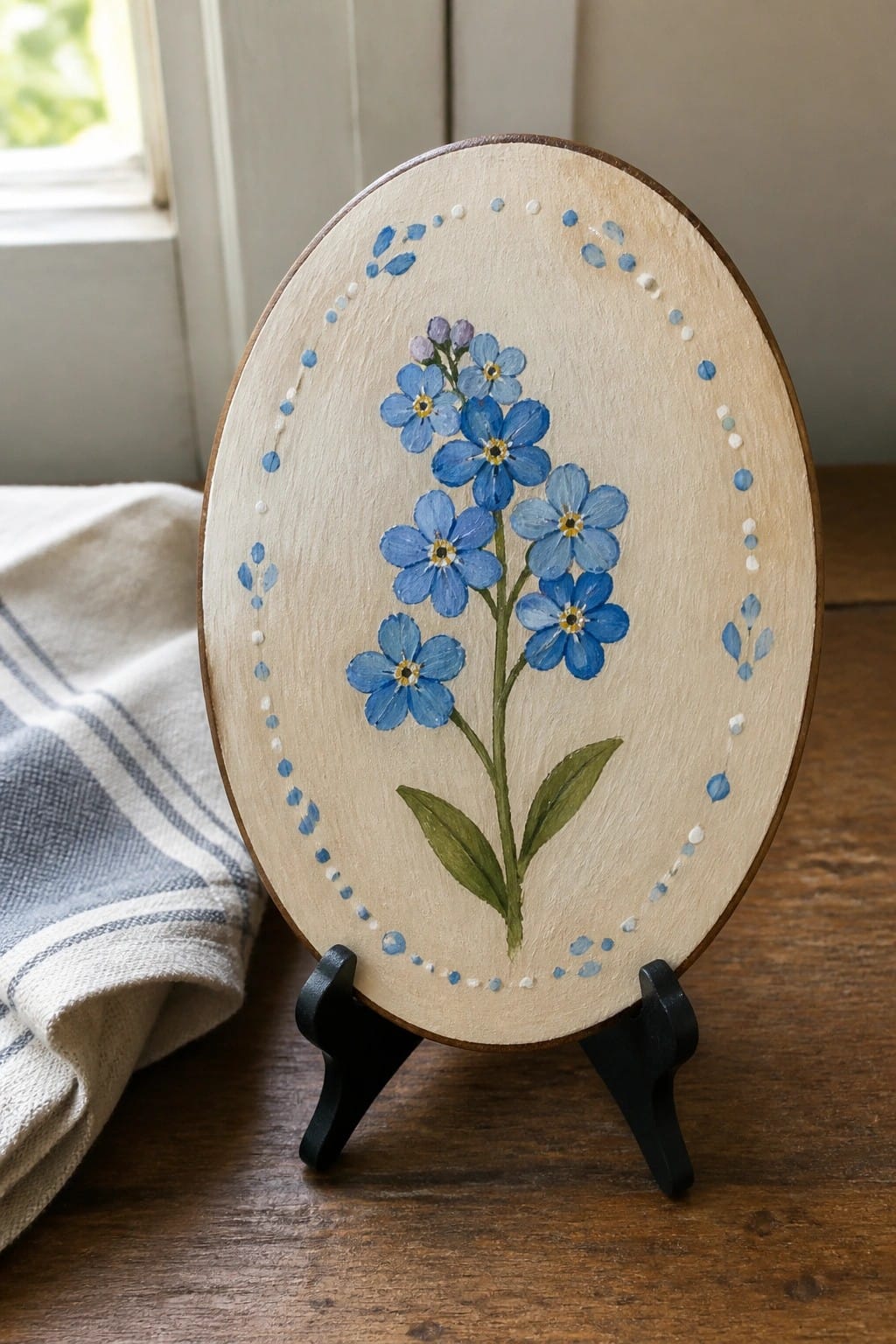 Oval wooden plaque with blue forget-me-not flowers on black stand beside striped cloth