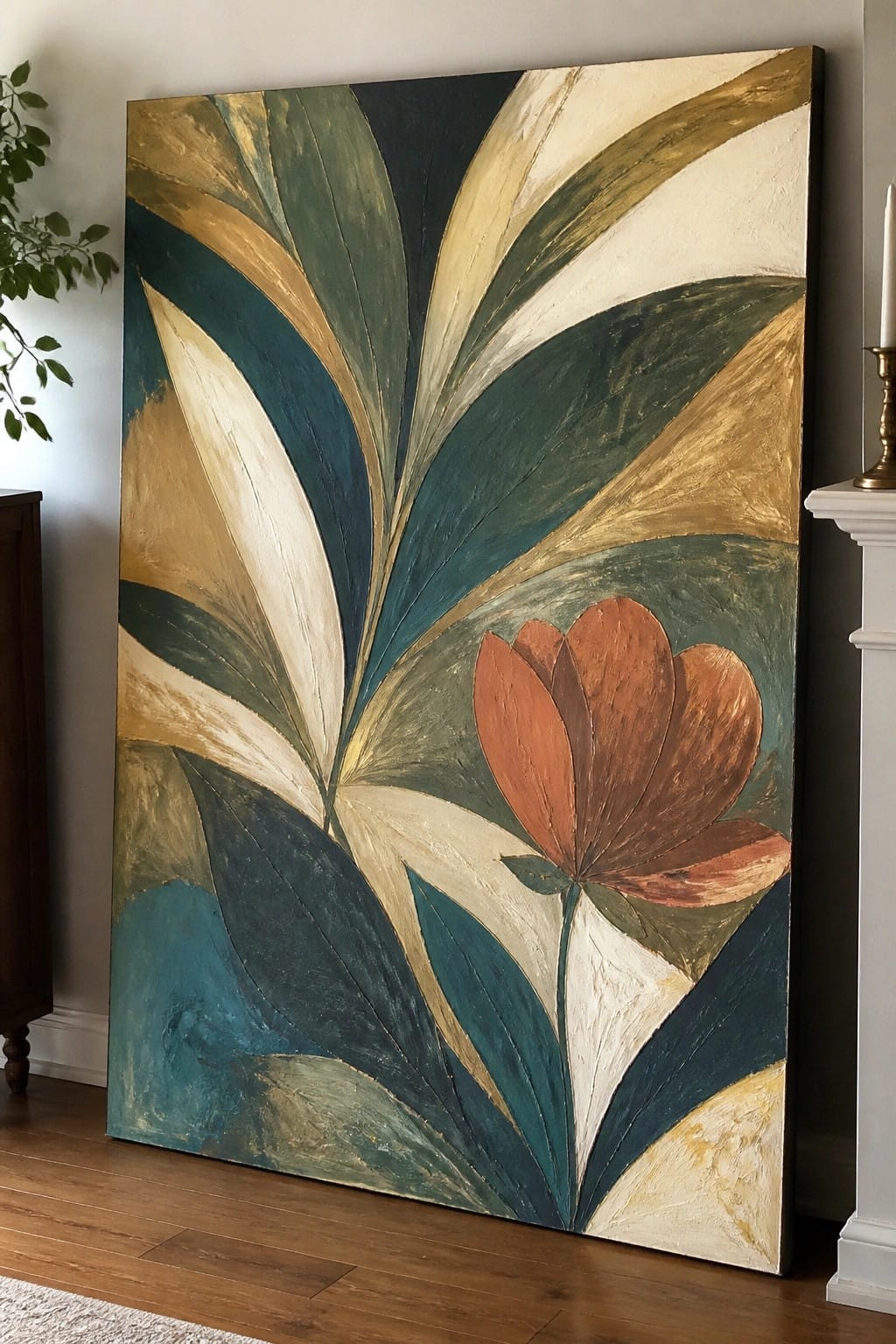 Large abstract painting with teal leaves, gold accents, and orange flower on canvas.