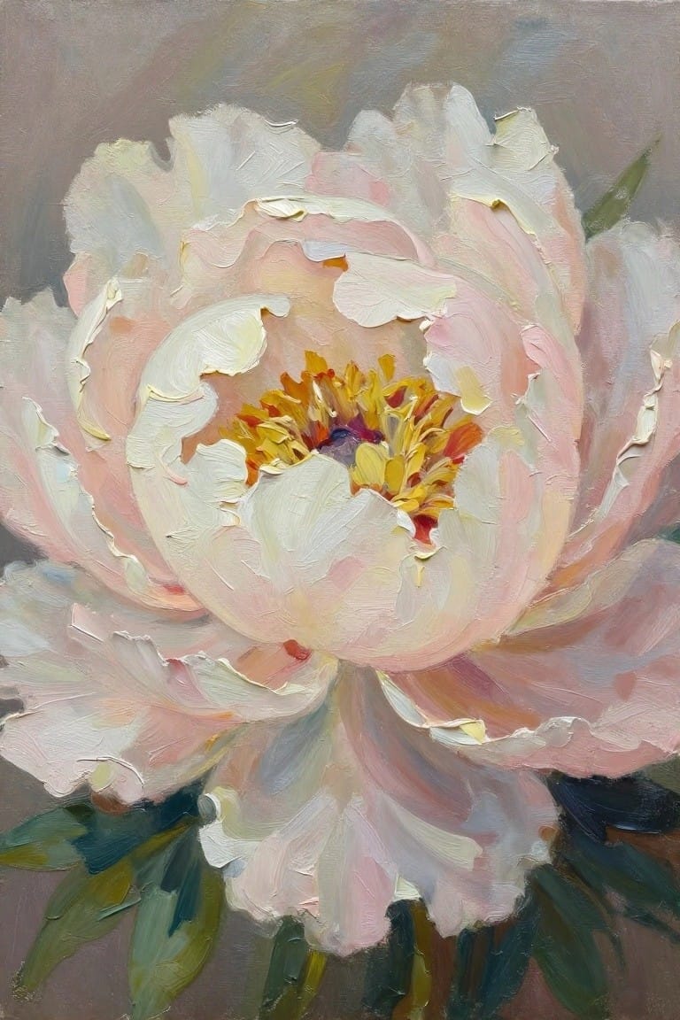 An oil painting of a large pink and white peony with a yellow and orange center and green leaves at the bottom.