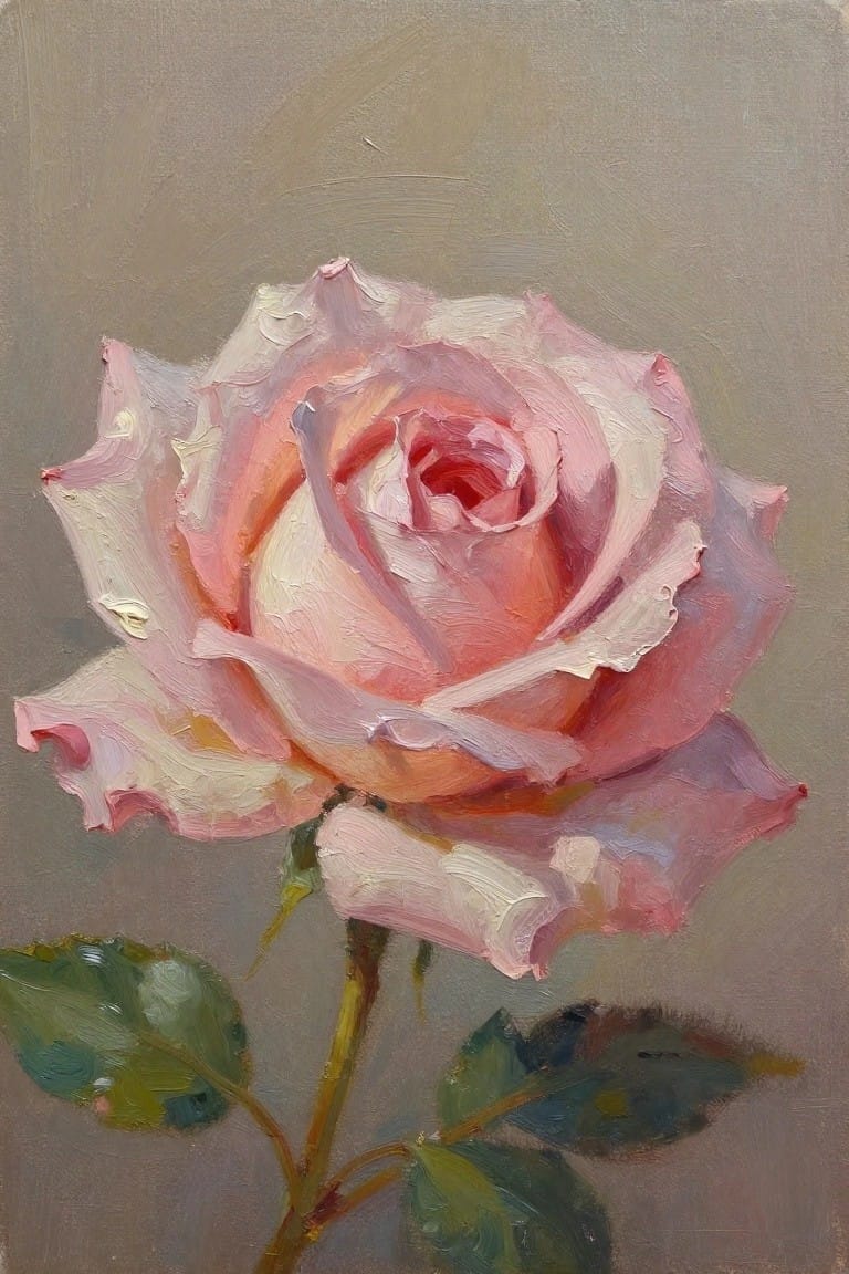Soft pink rose in bloom with green leaves and stem, oil painting style