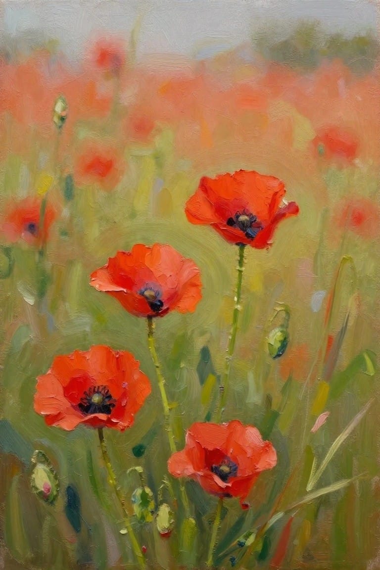 Vivid red poppies with dark centers amid green stems in a painterly field.