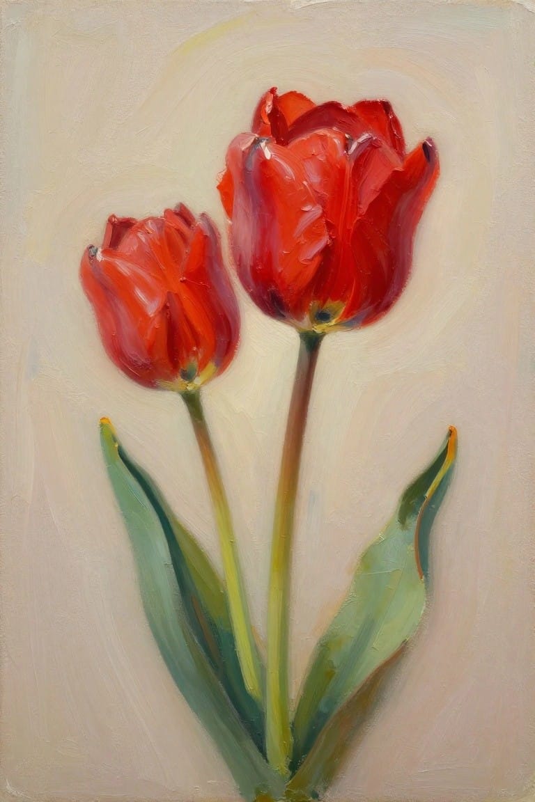 Two red tulips with green leaves, thick brushstrokes on pale background.