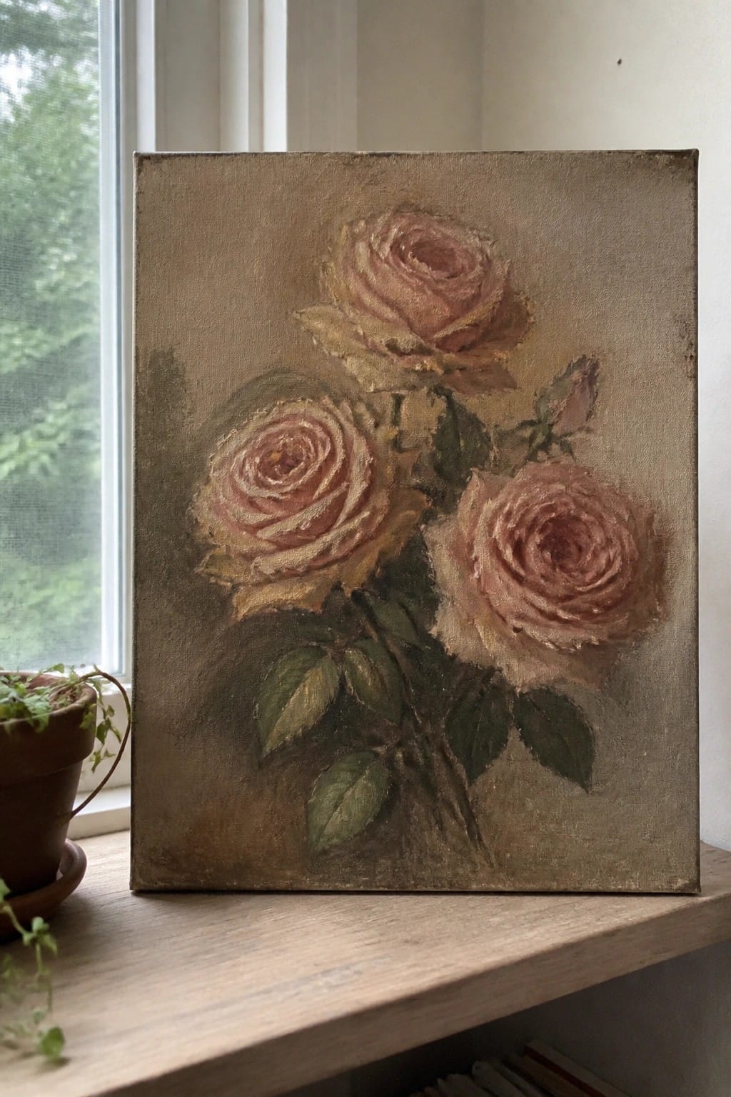 Oil painting of three pink roses on canvas atop wooden windowsill by window