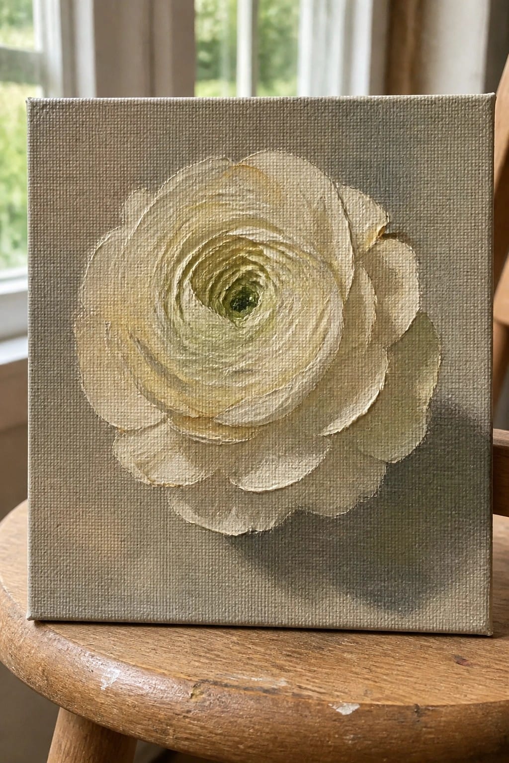 Pale swirling flower painting on square canvas atop wooden stool by window