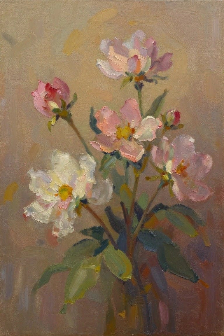 Oil painting of pink and white flowers with green leaves in a vase