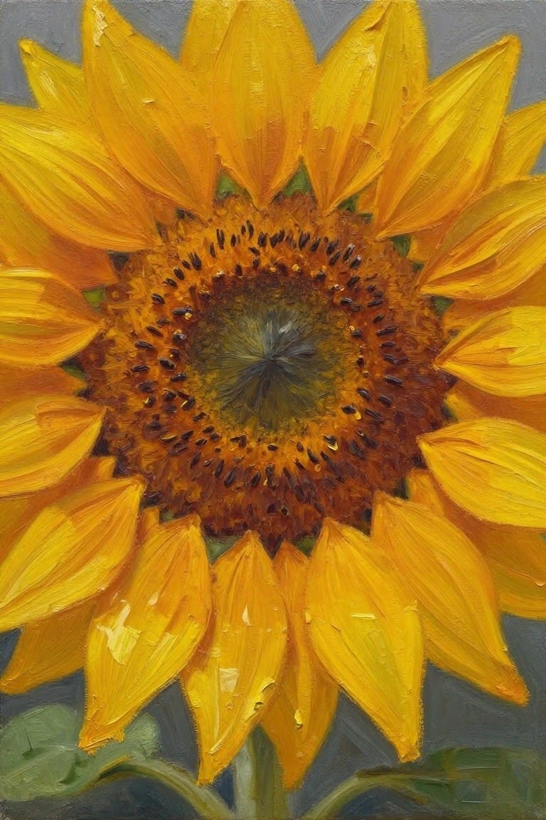 Vibrant yellow sunflower with textured petals and dark seed center in oil painting style