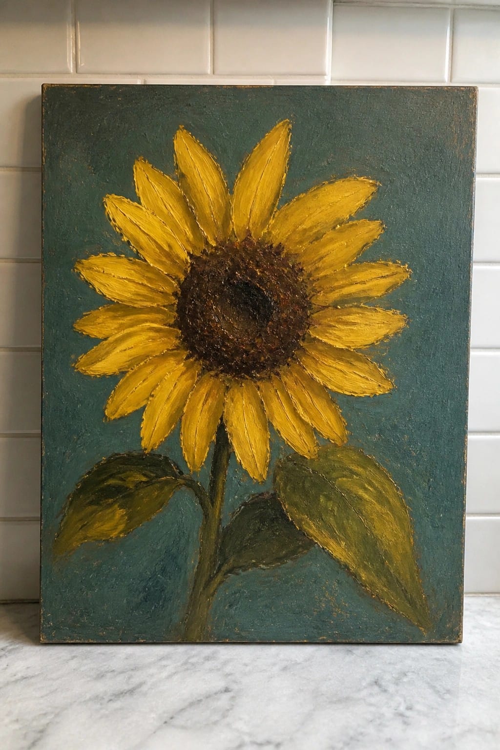 Yellow sunflower with brown center and green leaves on textured teal canvas