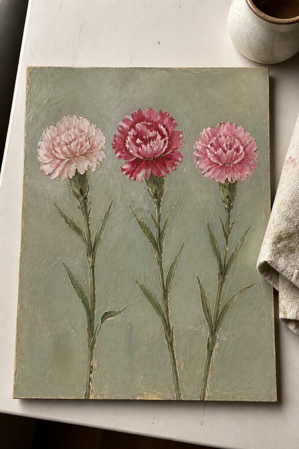 Three pink carnations with green stems on a sage green canvas