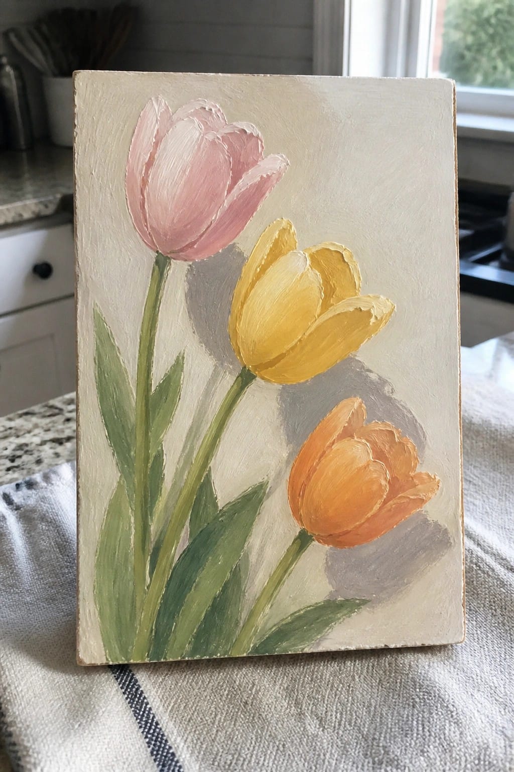 Three painted tulips in pink, yellow, and orange with green stems and leaves