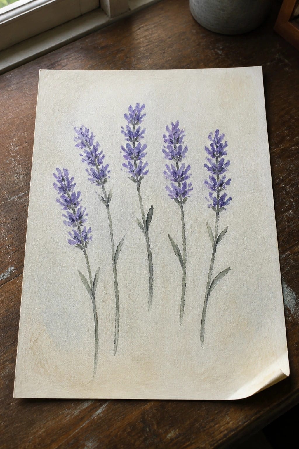 Watercolor painting of four purple lavender stems with green leaves on beige paper over wood