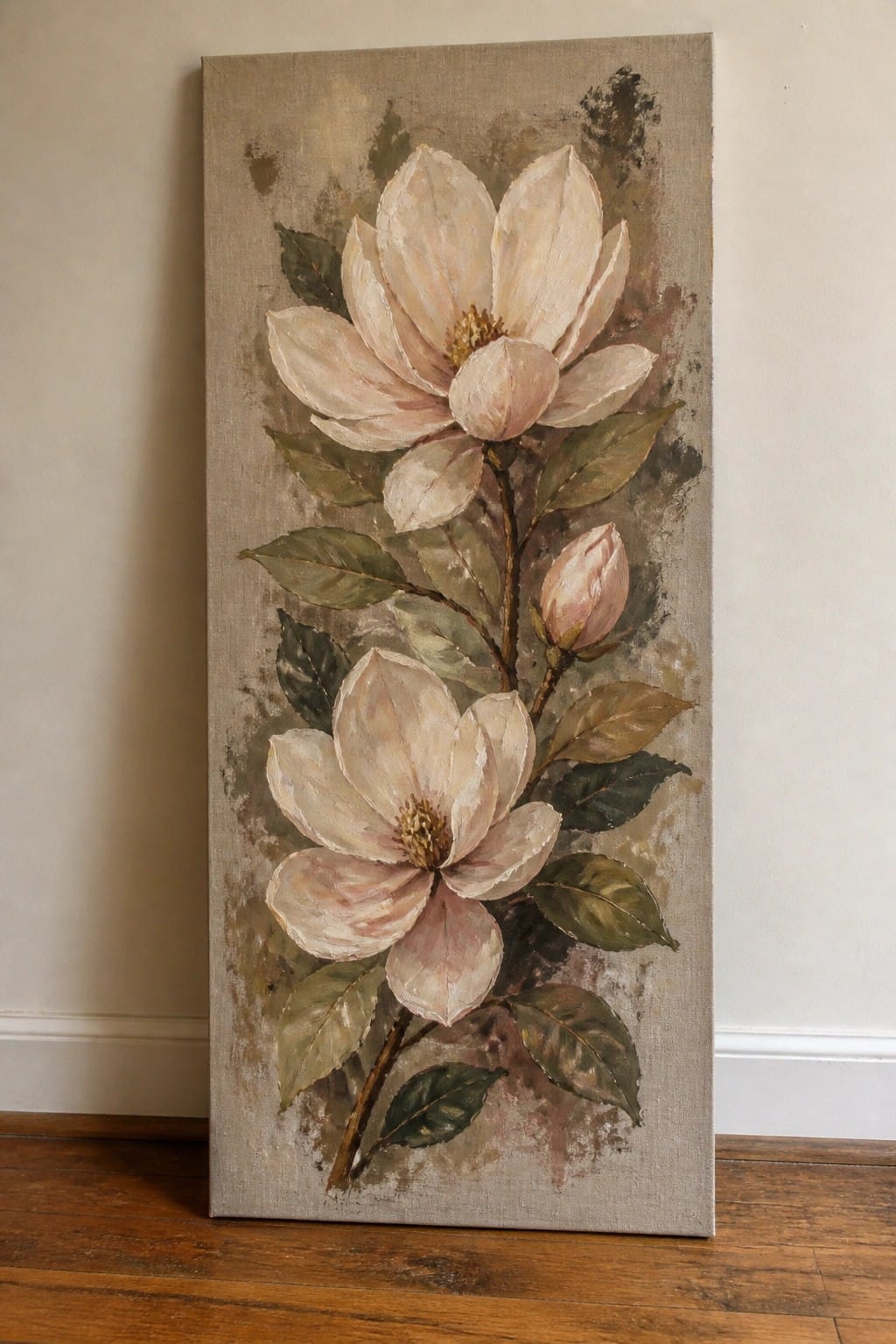 Tall canvas painting of two pink magnolias with green leaves on beige background