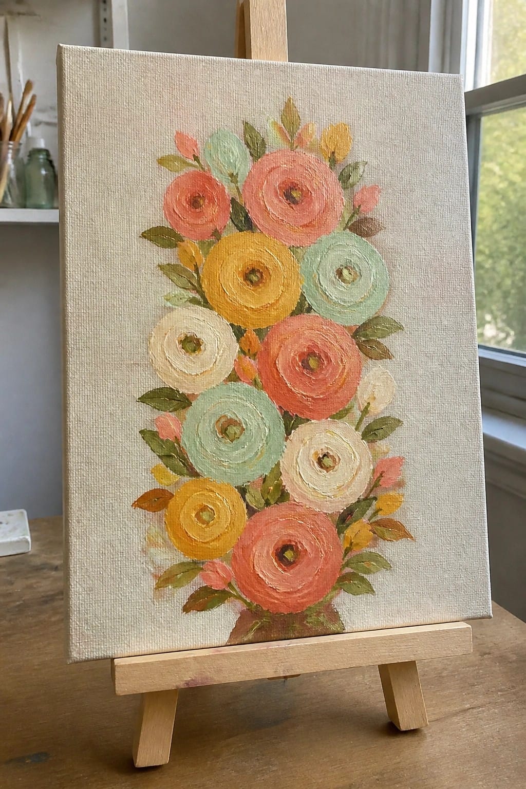 Colorful floral painting with coral, yellow, mint, and white blooms on wooden easel