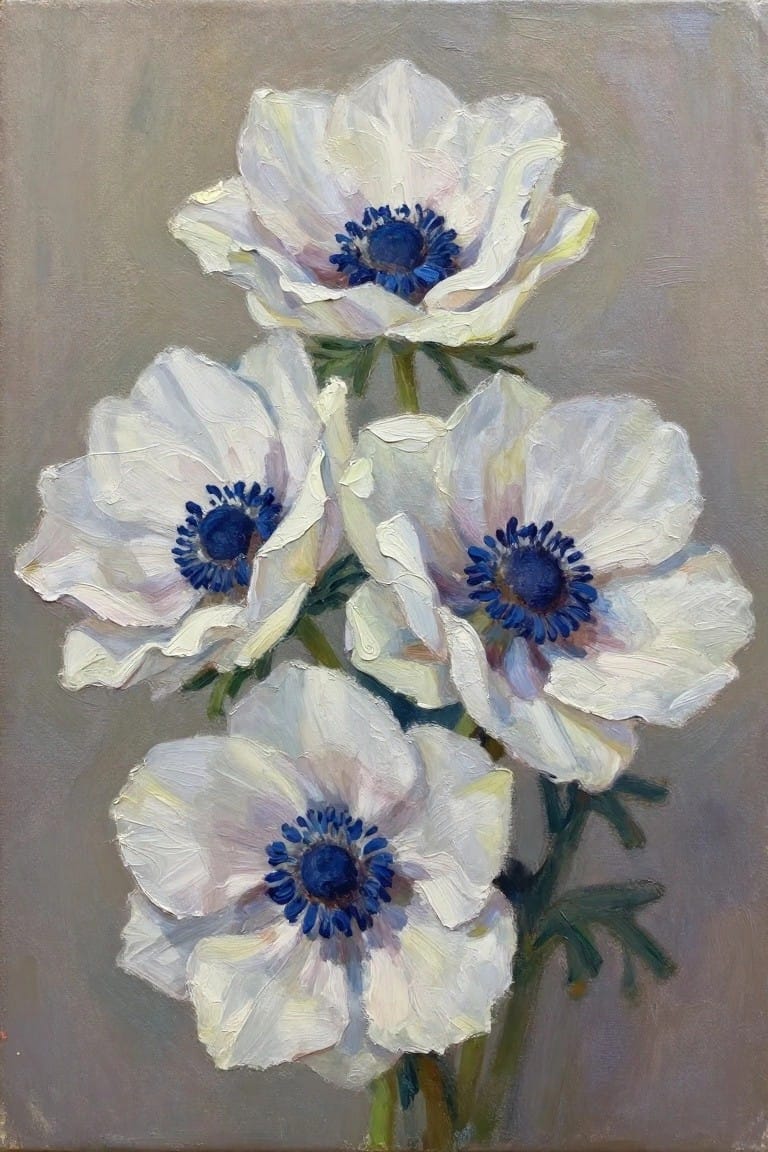Oil painting of five white flowers with blue centers and green stems.