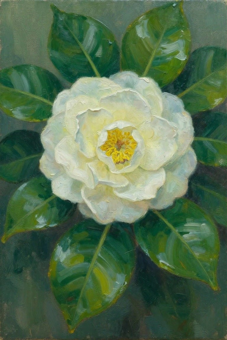 White camellia with yellow stamens amid glossy green leaves in oil painting