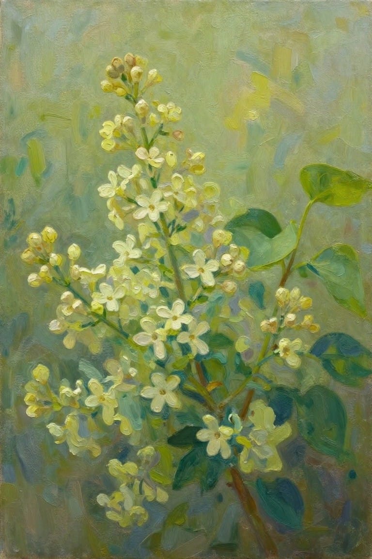 Oil painting of white lilac flowers with green leaves on a branch