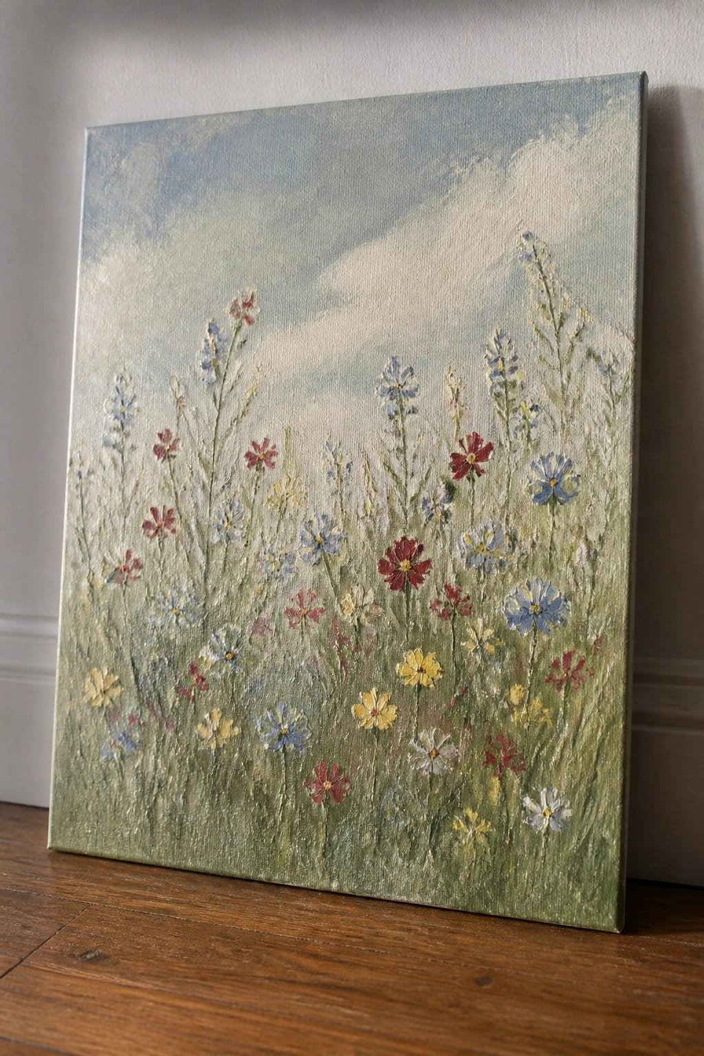 Textured painting of colorful wildflowers blooming in a green meadow under cloudy skies on canvas.