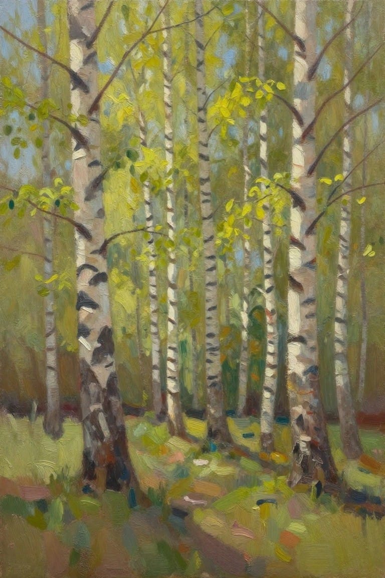 Impressionist painting of sunlit birch forest with white trunks and green-yellow leaves.