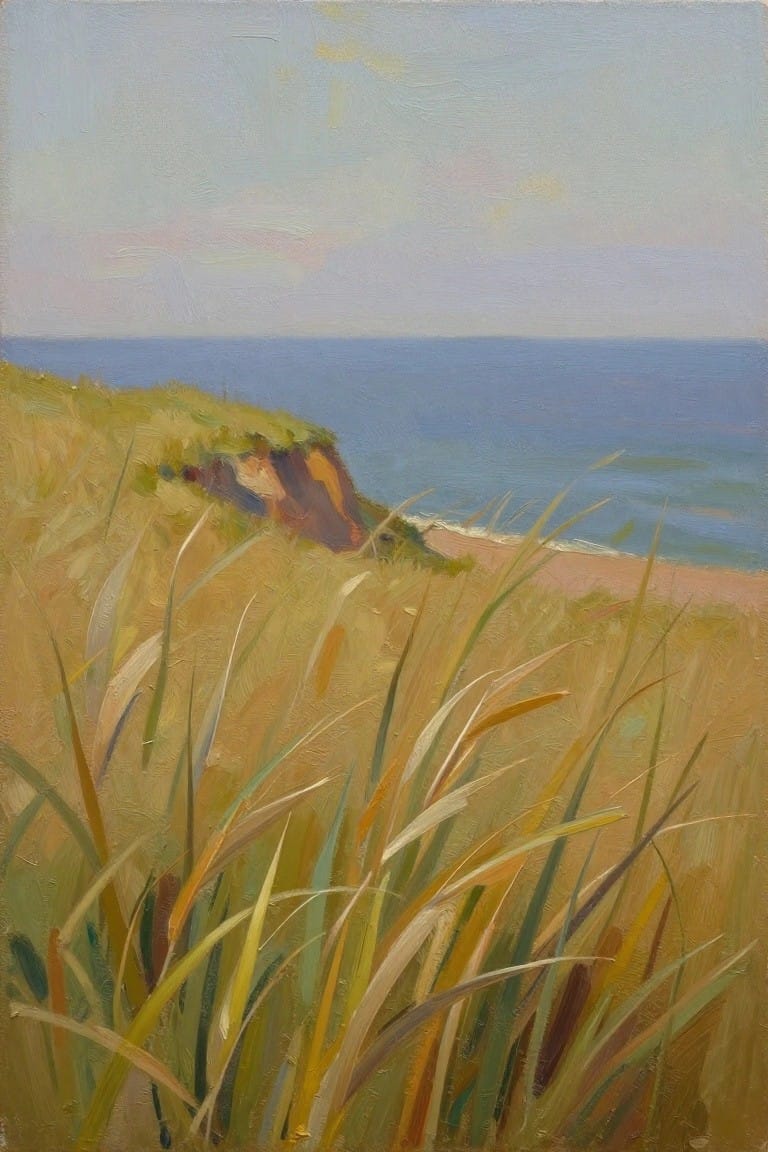Tall golden grasses overlook sandy beach, cliffs, and calm blue ocean at dusk.