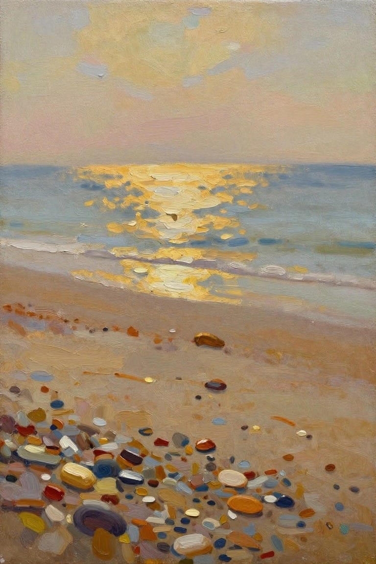 Impressionist beach scene with colorful pebbles and golden sunlight reflecting on the sea.