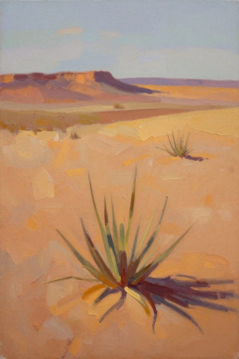 Impressionistic oil painting of desert with foreground yucca plant and distant mesas.