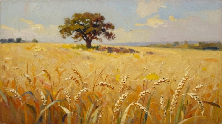 Golden wheat field with lone tree under blue sky, thick oil brushstrokes.