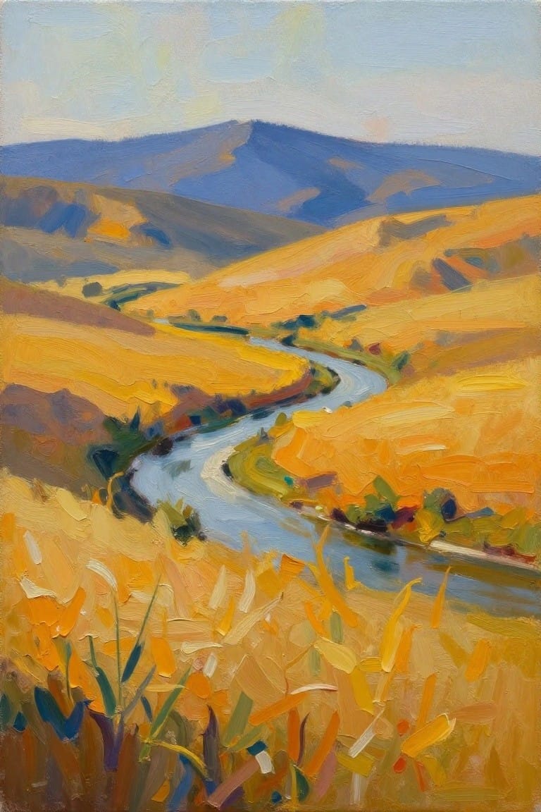 An oil painting of a winding blue river flowing through golden yellow hills with mountains in the background.