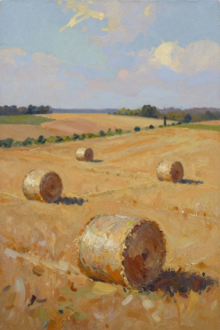 Impressionist painting of golden hay bales in a sunlit harvested wheat field under blue skies