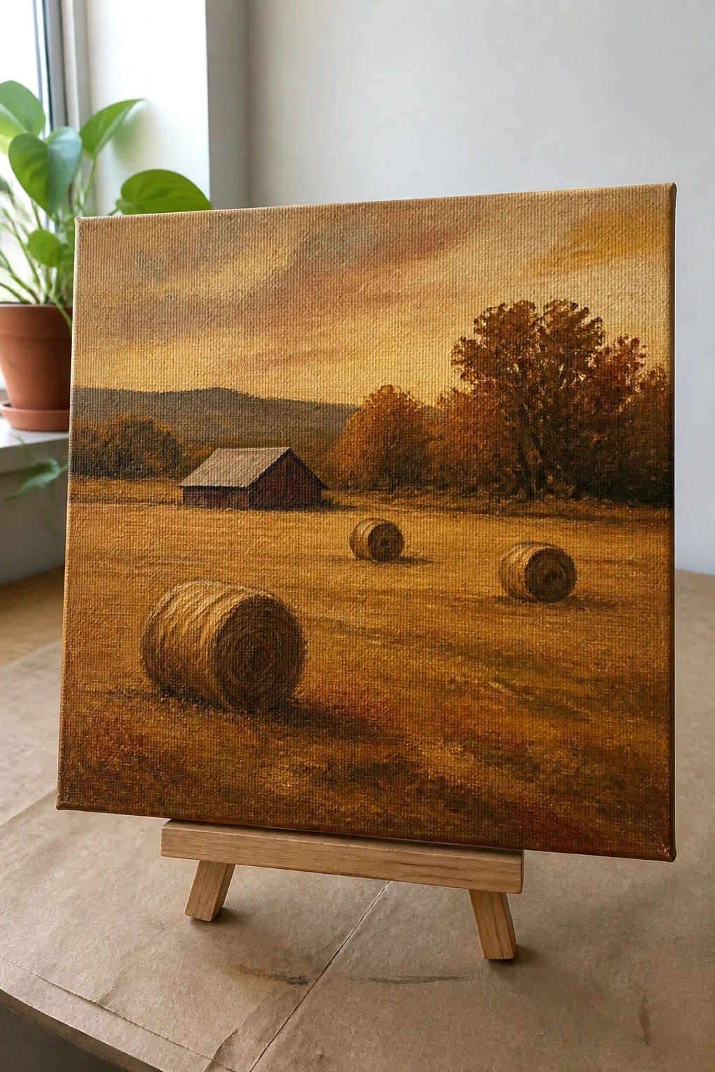 Landscape painting of hay bales in golden field with red barn and trees on easel