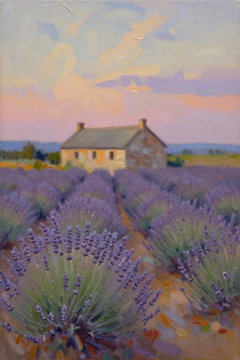 Stone house amid lavender fields under a vibrant pink-purple sunset sky