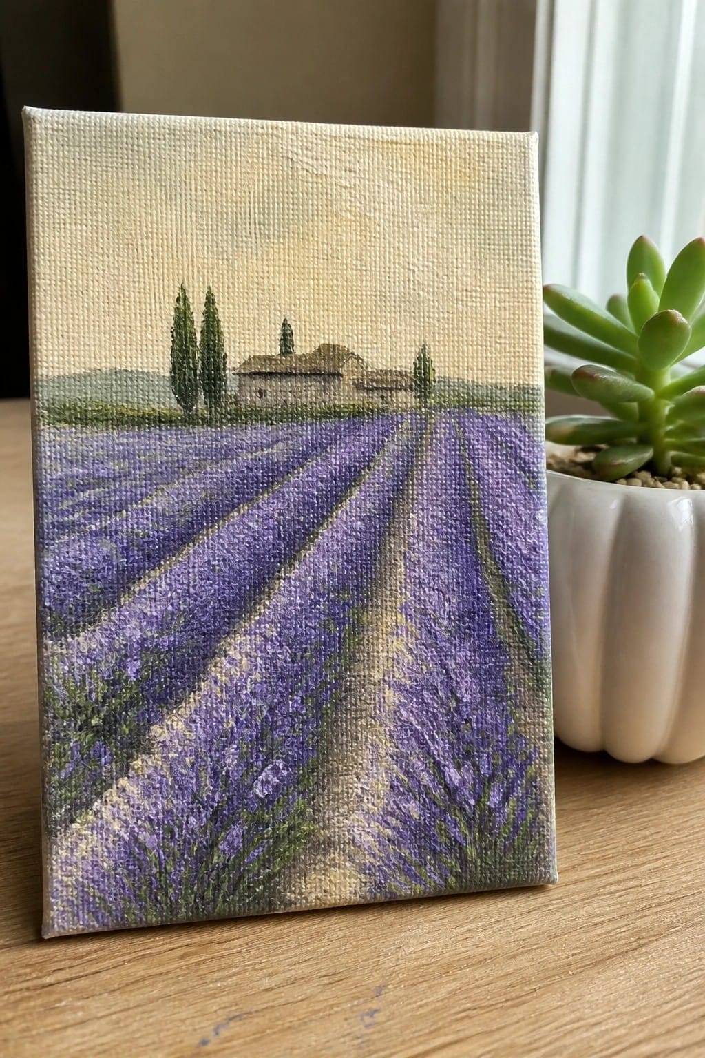 Small canvas painting of purple lavender fields with rows forming a path toward a house and trees under a pale sky, next to a potted succulent on wood.