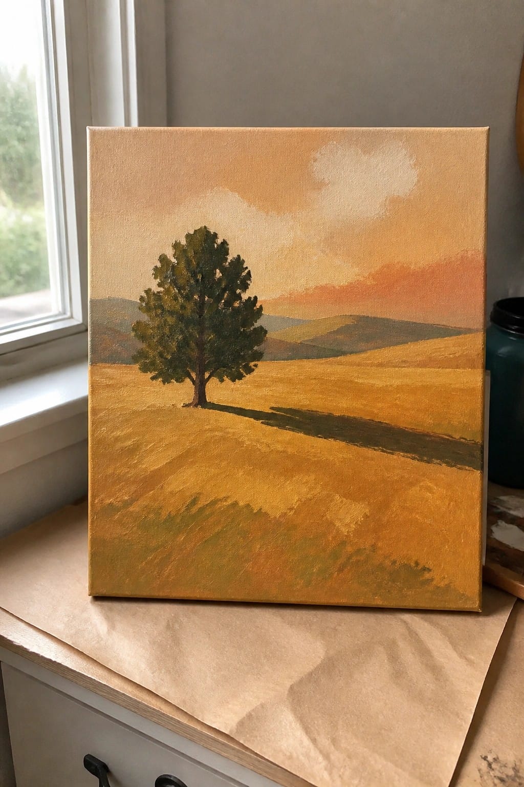 Landscape painting of lone tree in golden fields under orange sunset sky on canvas
