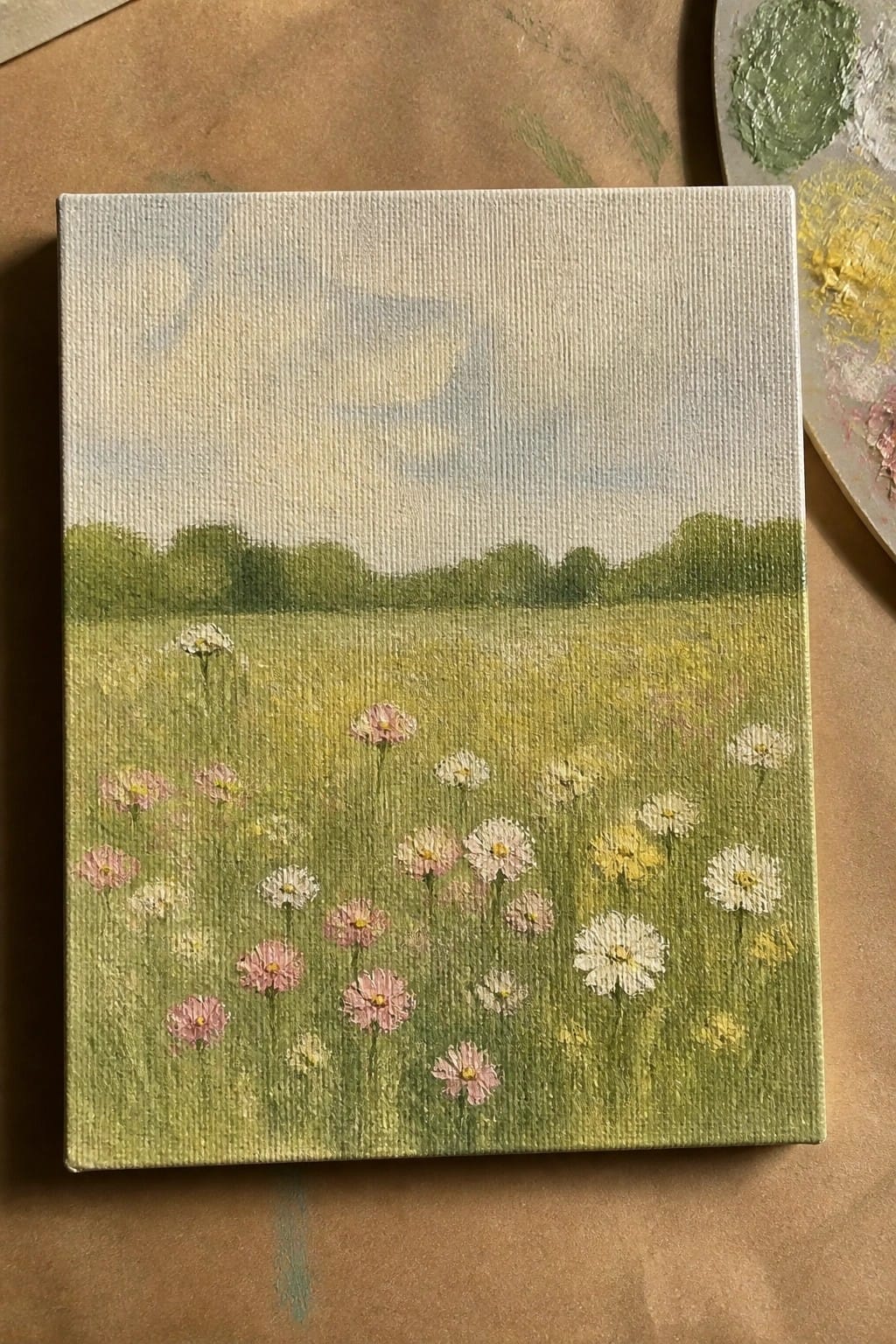 Canvas painting of a meadow with pink, white, and yellow wildflowers and distant trees