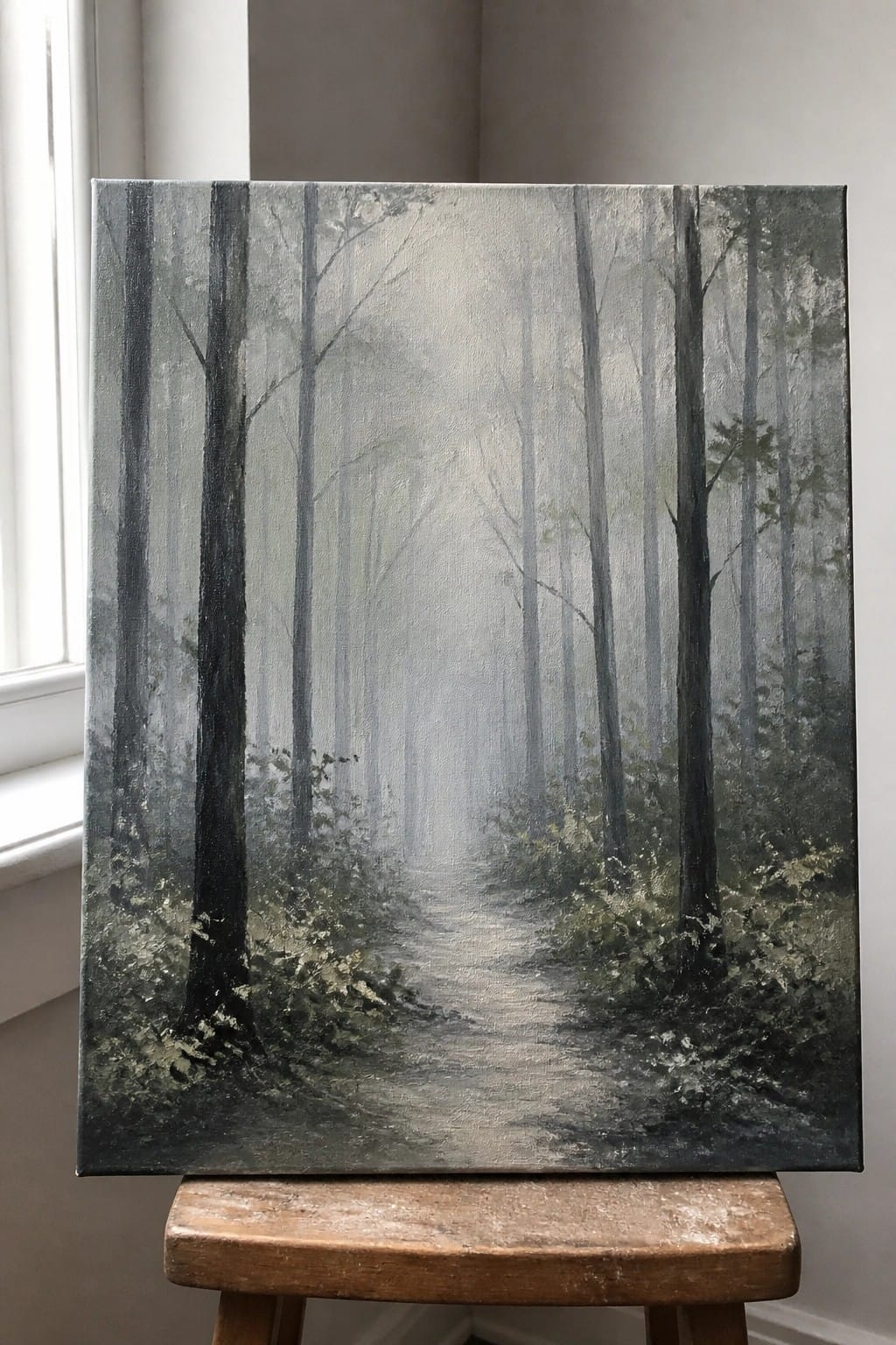 Misty forest path painting with tall dark trees on wooden stool