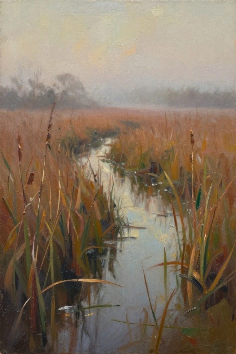 Misty autumn marsh with golden reeds flanking a winding stream