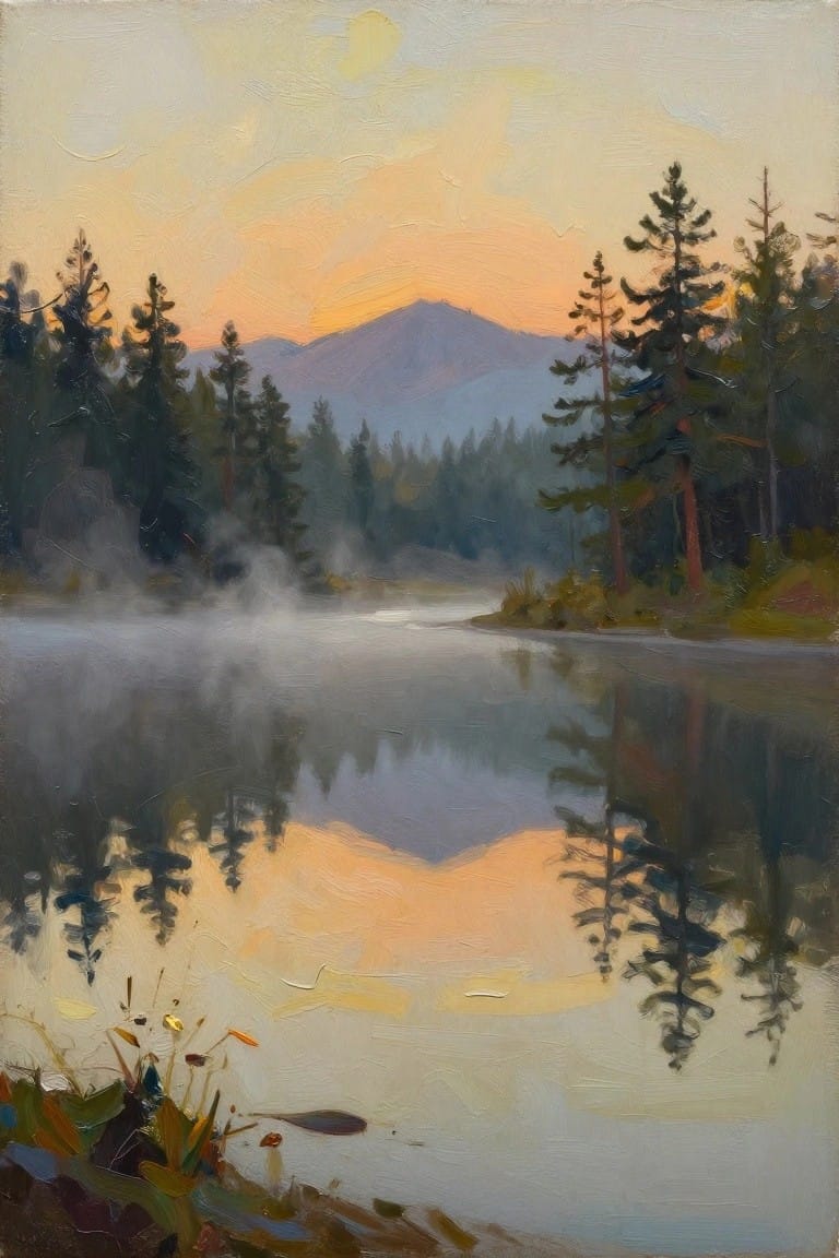 Misty lake reflecting orange sunset amid pine trees and distant mountains