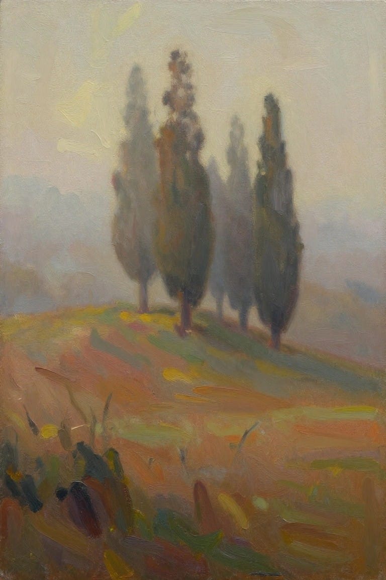 Impressionistic painting of tall cypress trees on misty colorful hills.