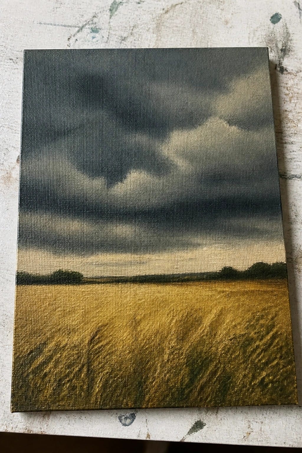 Golden field under stormy dark clouds on textured canvas painting