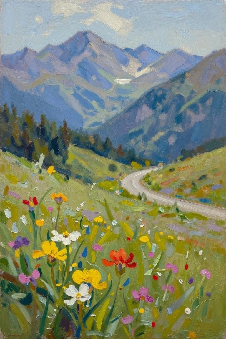Vibrant wildflowers line a winding road through lush green mountains under blue skies