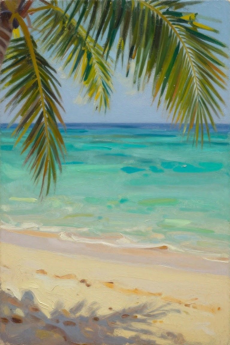 An oil painting of a tropical beach with turquoise water, light sand, and green palm fronds hanging into the top of the frame.