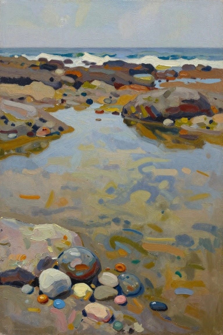 Colorful pebbles and rocks line a rocky beach with ocean waves beyond.