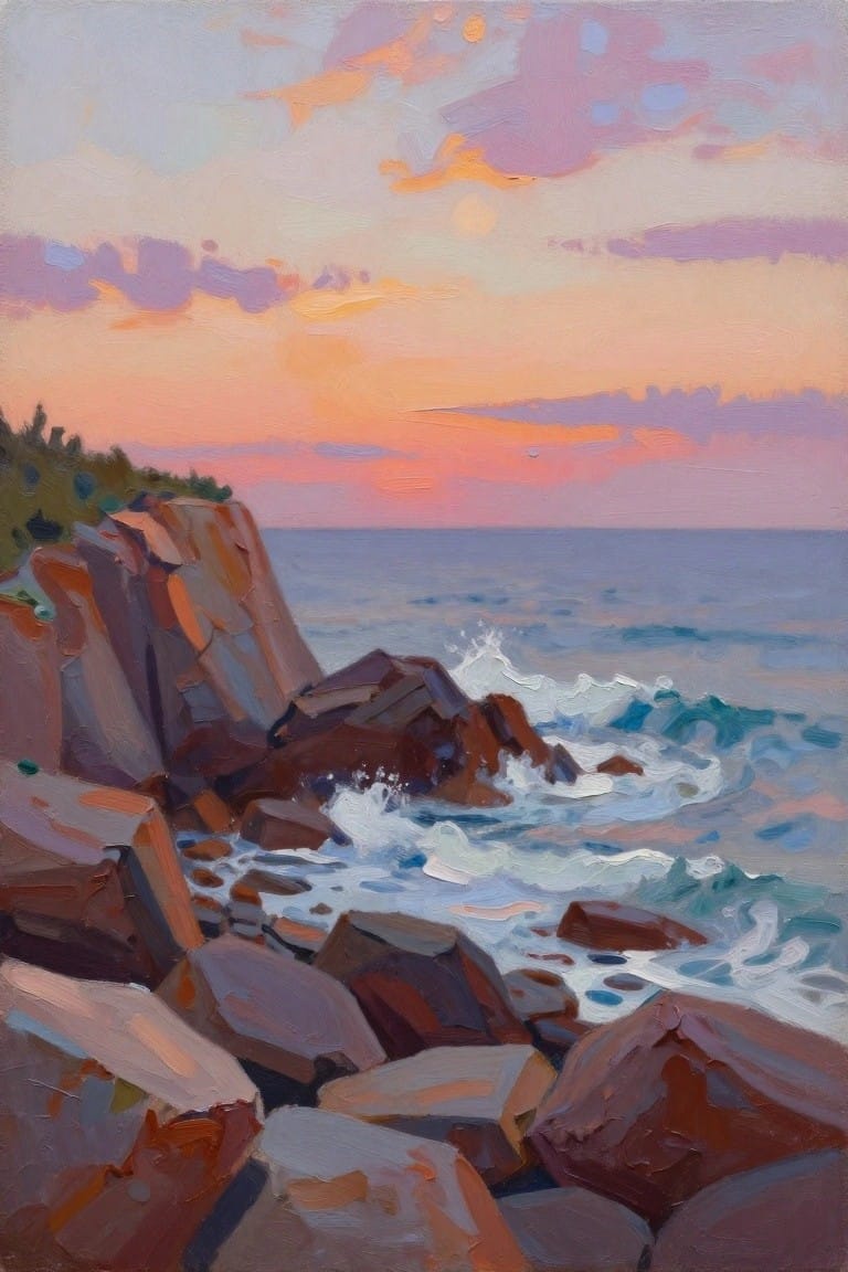 Rocky coastline with crashing waves beneath a vibrant pink and orange sunset sky