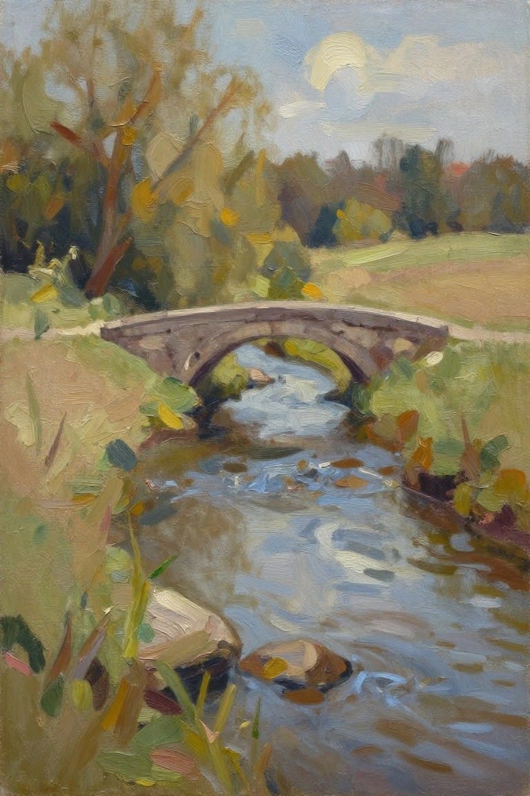 Oil painting of stone arch bridge over stream amid autumn trees and fields.