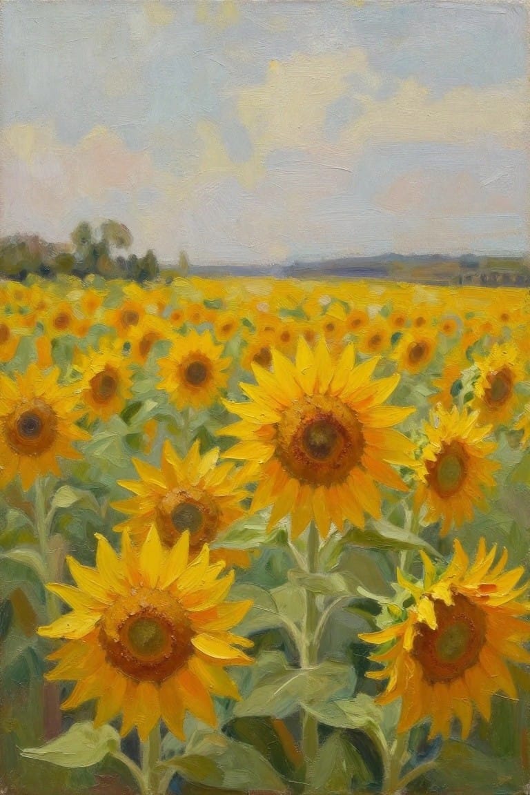 Vivid yellow sunflowers fill a green field beneath a soft blue sky in oil painting