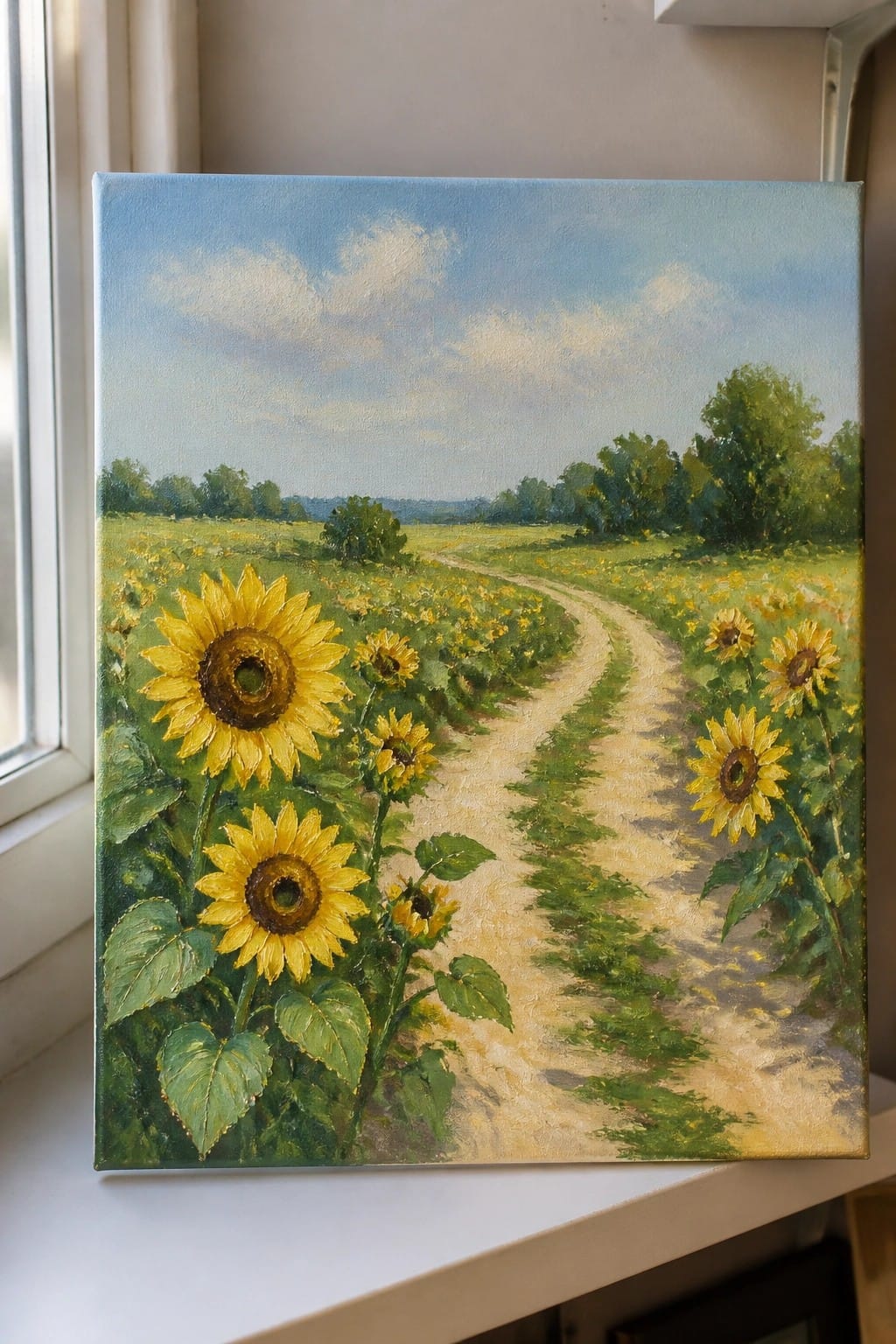 Sunflowers beside a winding dirt path through a sunny field under a cloudy blue sky