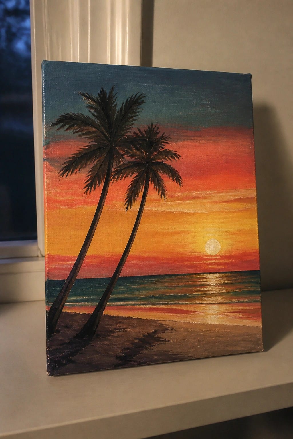 Two palm trees silhouetted on beach against vibrant orange-red ocean sunset