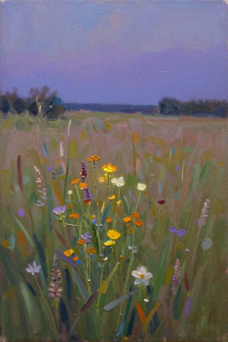 Colorful wildflowers bloom in a meadow beneath a soft purple twilight sky.
