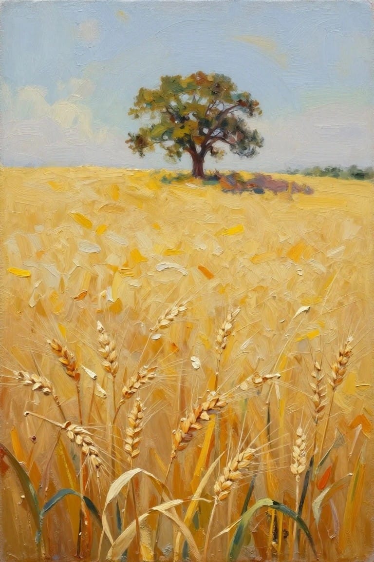 Golden wheat field with lone tree under blue sky, thick oil brushstrokes.