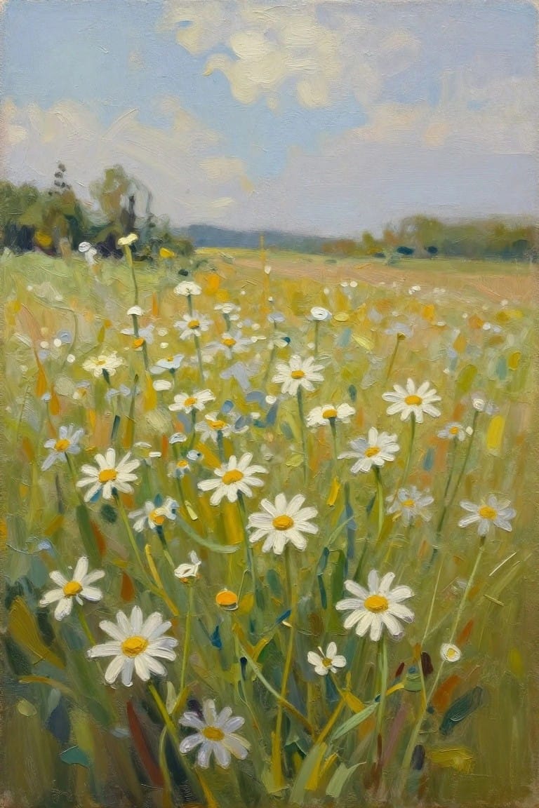 Vivid oil painting of white daisies blooming in a lush green meadow under blue skies