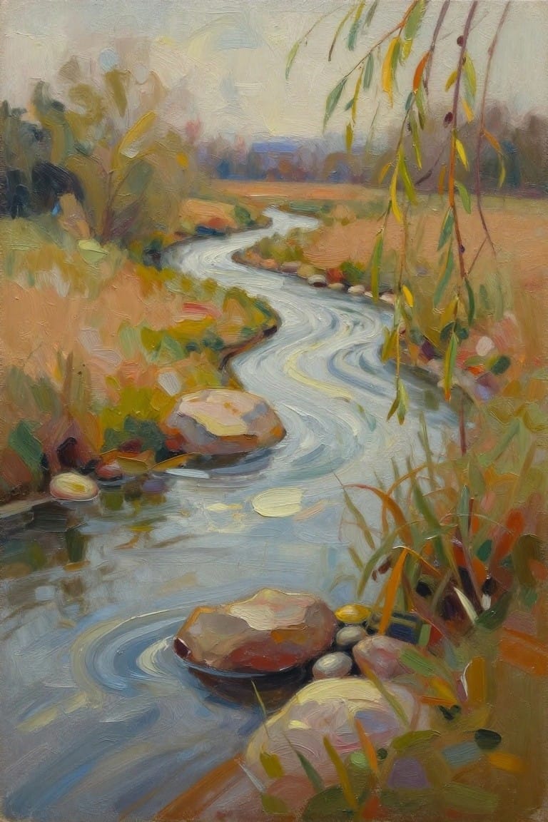 Impressionistic painting of winding stream with rocks amid colorful autumn foliage.