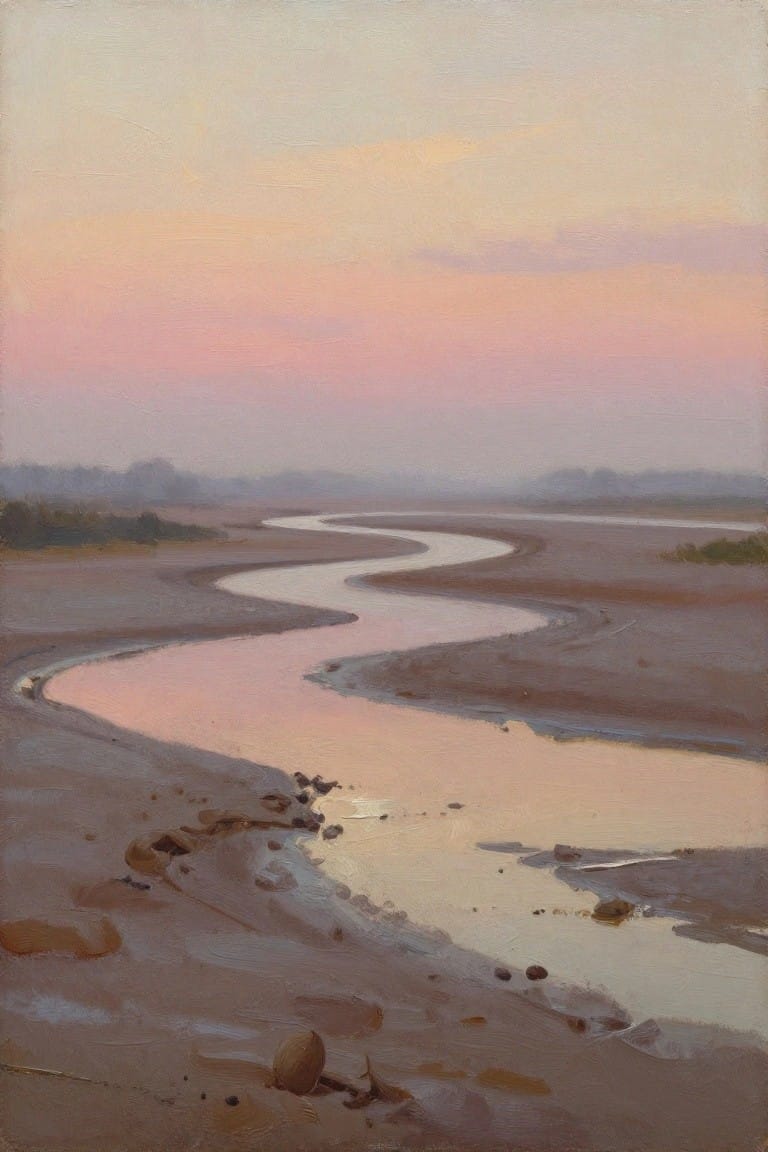 Winding pink river curves through muddy banks under soft pastel sunset sky.